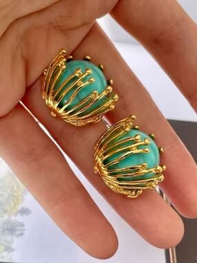 Gold-Tone Turquoise Dome Clip Earrings